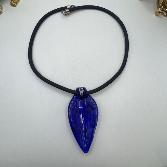 Vetri D'Arte Tear Drop Pendant Silver/Blue With Abstract Design Necklace Murano - Picture 6 of 6